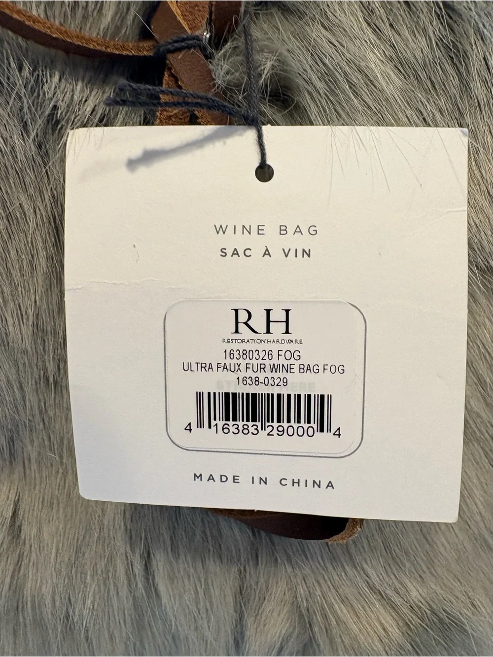 Restoration Hardware (RH) Ultra Faux Fur Wine Bag With Leather Tie, NWT, Fog